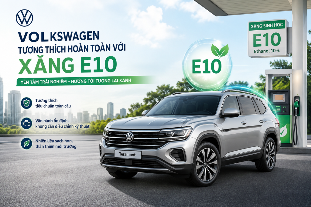 Xe Volkswagen tương thích hoàn toàn với nhiên liệu xăng sinh học E10 theo tiêu chuẩn toàn cầu.
