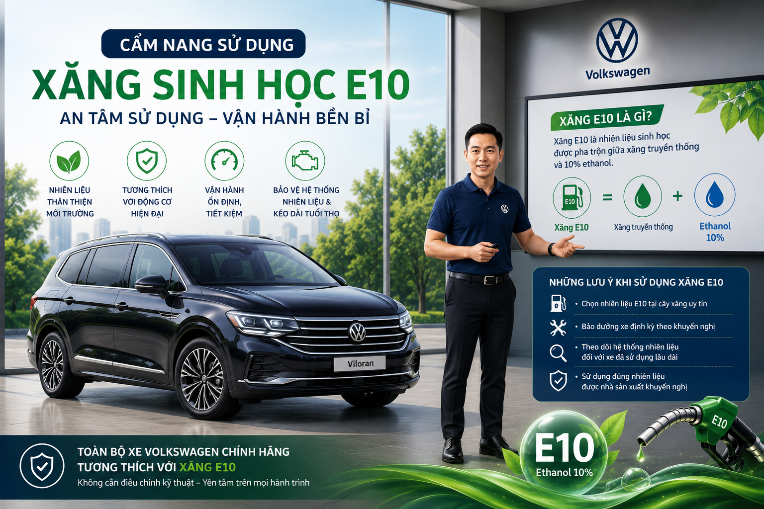 Chuyên gia Volkswagen hướng dẫn sử dụng xăng sinh học E10 cho xe Volkswagen Viloran tương thích hoàn toàn với nhiên liệu E10.