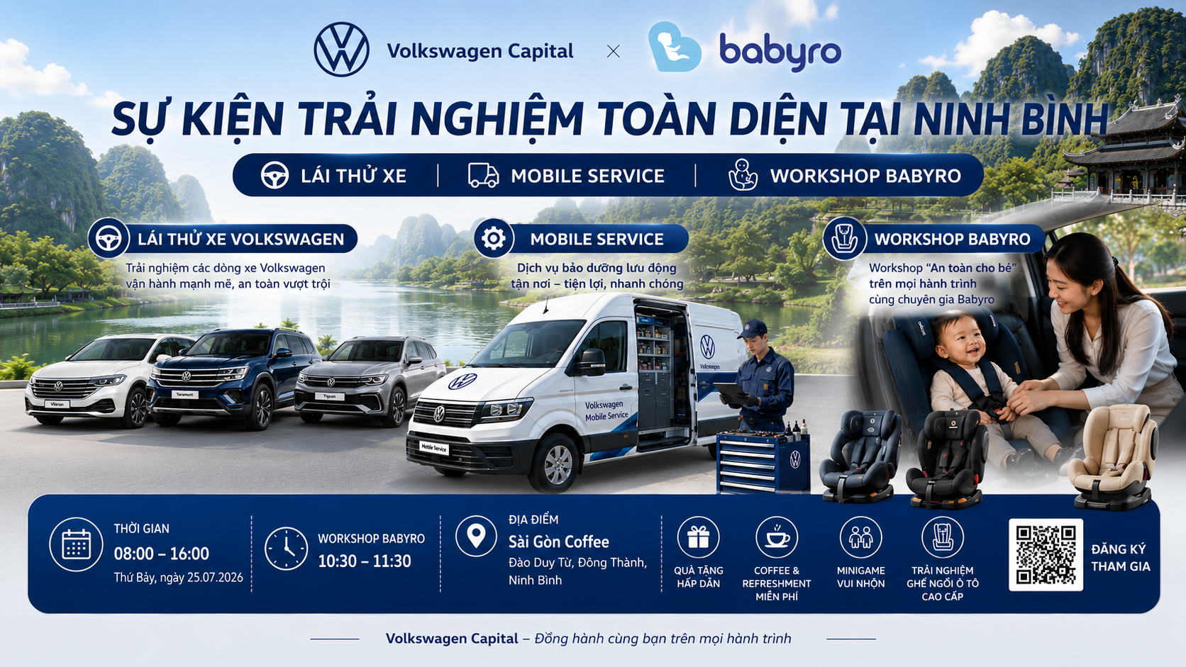sự kiện Volkswagen Capital tại Ninh Bình với các hoạt động lái thử xe Volkswagen, Mobile Service và Workshop Babyro về an toàn cho bé trên mọi hành trình.