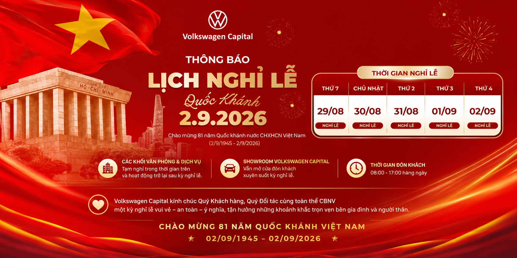 Volkswagen Capital thông báo lịch nghỉ lễ Quốc khánh 2/9/2026